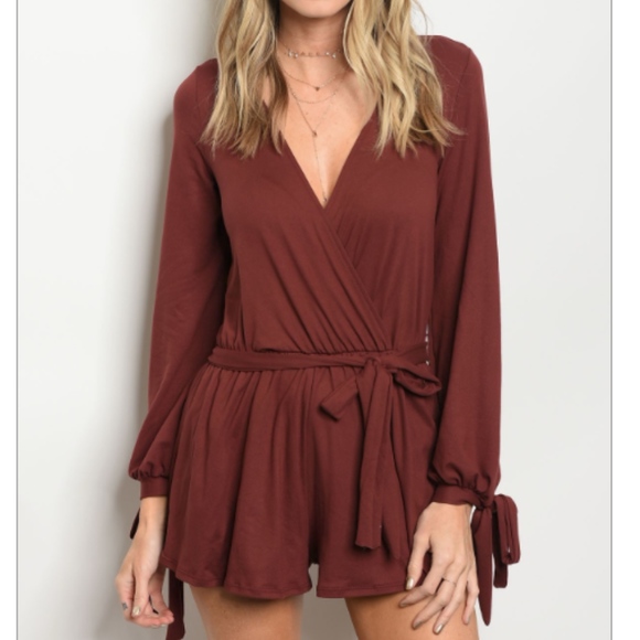 Pants - Wine Long Tie Sleeve Romper